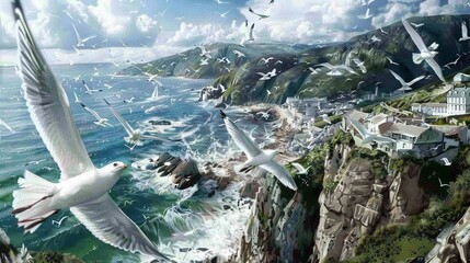 Fototapeta premium Seagulls Flying Over Ocean with Lighthouses