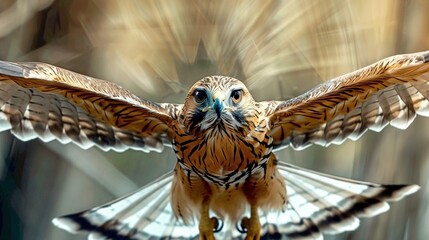 Naklejka premium A bird of prey spreads its wings and widens its eyes, with a blurred background