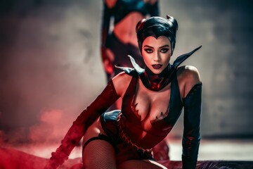 Obraz premium A woman in a seductive outfit posing on the floor, AI