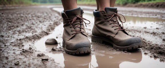 Person feet in trekking shoes walking swamp mud.