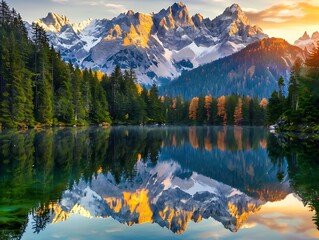 Obraz premium Beautiful lake in the mountains with forest and snowcapped mountain peaks at sunset, 