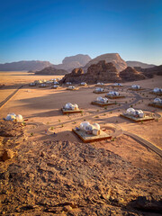 Scenic view of bubble tent camp at Wadi Rum desert in Jordan