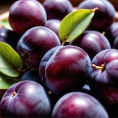 Obraz premium Fresh purple plum fruits on dark wooden table.