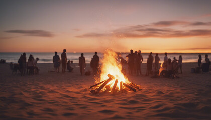  bonfire at the beach, people are having fun at the background, sunset view
