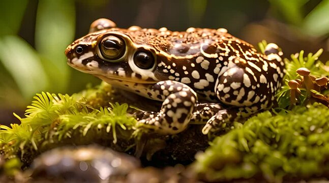 An oak frog (Anaxyrus Quercicus) sits on a mossy log in the forest