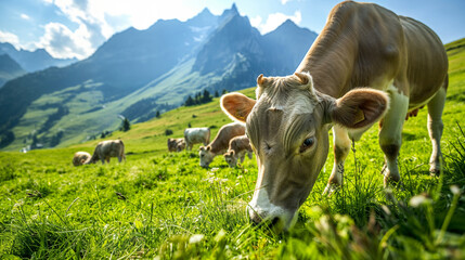 Brown cow grazing on a meadow in beautiful Swiss Alps on a sunny summer day