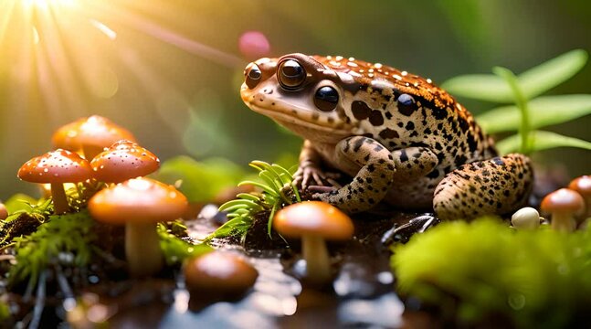 An oak frog (Anaxyrus Quercicus) sits on a mossy log in the forest