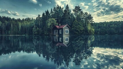 Obraz premium A house on a lake, encircled by trees, reflects on a cloudy day