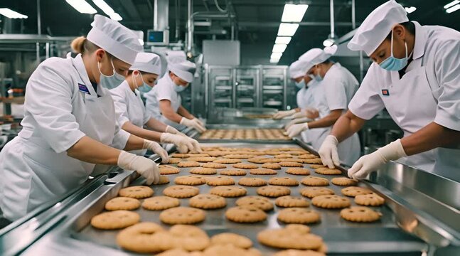 Workers are busy in a biscuit factory whose gleaming machines and conveyor belts carry rows and rows of freshly baked cakes