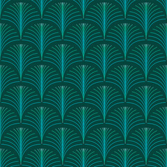 Art Deco style decorative pattern with dark green fan shaped motifs. Vintage art deco design with palm leaf motifs.