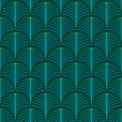 Art Deco style decorative pattern with dark green fan shaped motifs. Vintage art deco design with palm leaf motifs.