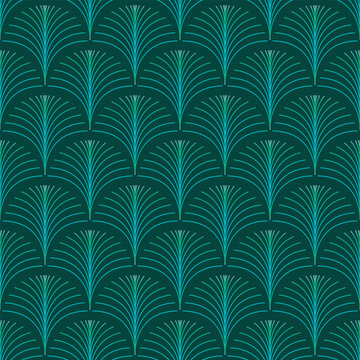 Art Deco style decorative pattern with dark green fan shaped motifs. Vintage art deco design with palm leaf motifs.