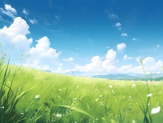 Green meadow landscape with blue sky.