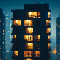 Person Standing in Illuminated Building at Night