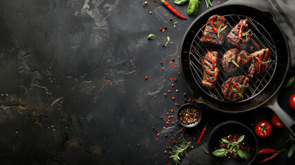 Grilled meat in cast iron pan with vegetables and spices on dark surface
