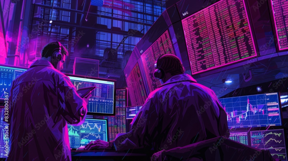 Poster two men are standing in an office, focused on their work, in front of multiple computer monitors dis