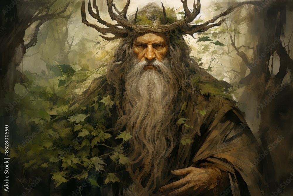 Wall mural a wise and ancient druid, attuned to nature and capable of transforming into beasts. - generative ai
