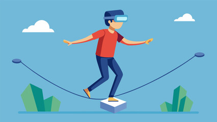 A teenager balancing on a virtual tightrope while engaging their muscles and improving their coordination in a youth VR fitness program.. Vector illustration
