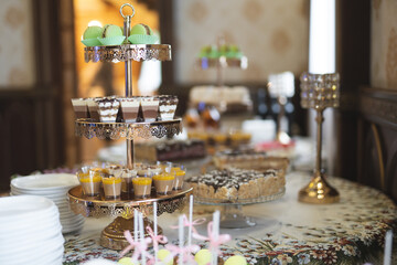 Delicious sweet cakes and desserts at the festive candy bar