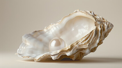 Solitary pearl radiates beauty from within the intricate folds of a natural oyster shell against a neutral background