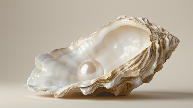 Solitary pearl radiates beauty from within the intricate folds of a natural oyster shell against a neutral background