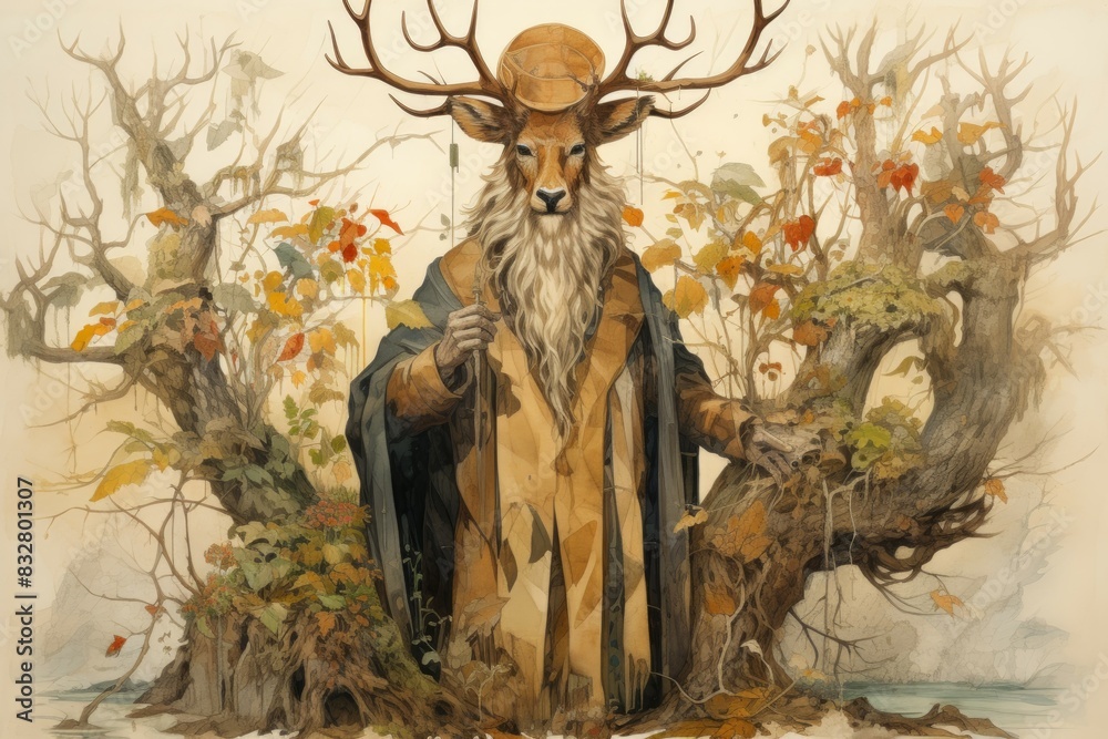 Wall mural a wise and ancient druid, attuned to nature and capable of transforming into beasts. - generative ai