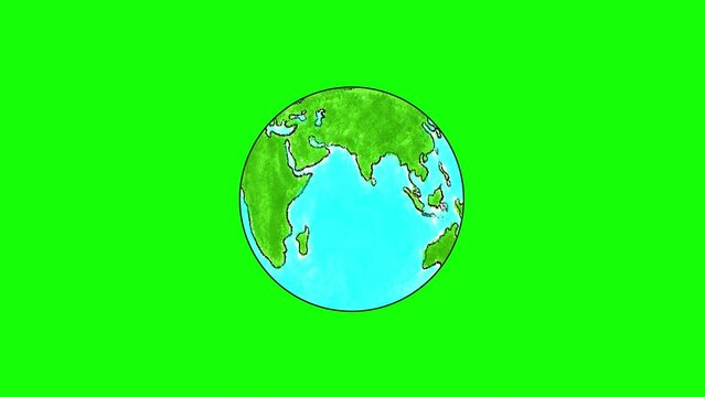 Earth Globe Rotating Loop Animation on Green Screen Background. 2D Drawing Animation of Green and Blue Planet Earth.