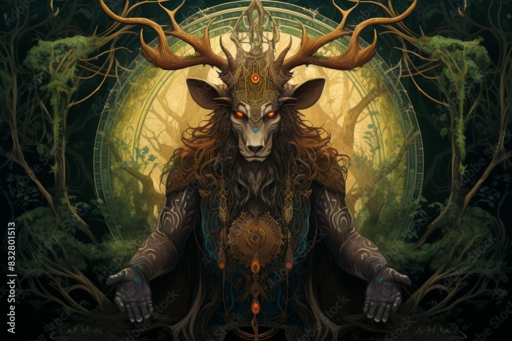 Wall mural a wise and ancient druid, attuned to nature and capable of transforming into beasts. - generative ai