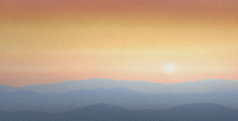 Abstract background, watercolor paper texture, sunrise at sea, sun over the horizon