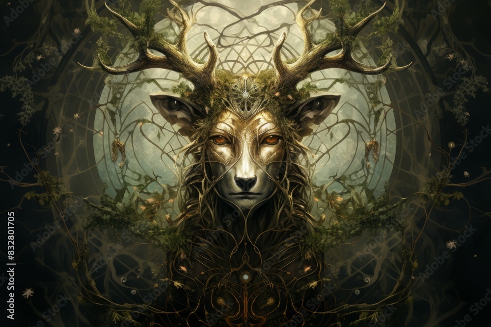 Wall mural a wise and ancient druid, attuned to nature and capable of transforming into beasts. - generative ai