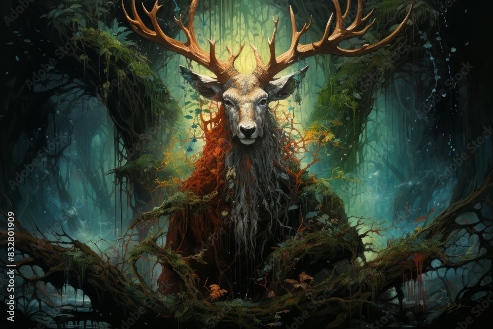 Wall mural a wise and ancient druid, attuned to nature and capable of transforming into beasts. - generative ai