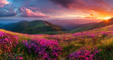Beautiful mountain landscape with colorful rhod pouring over the hills at sunset in Carpathian mountains, Ukraine