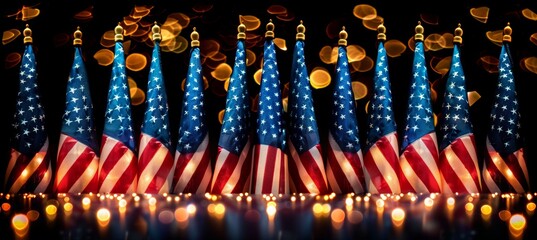 Patriotic display featuring a row of american flags arranged in an orderly and patriotic fashion