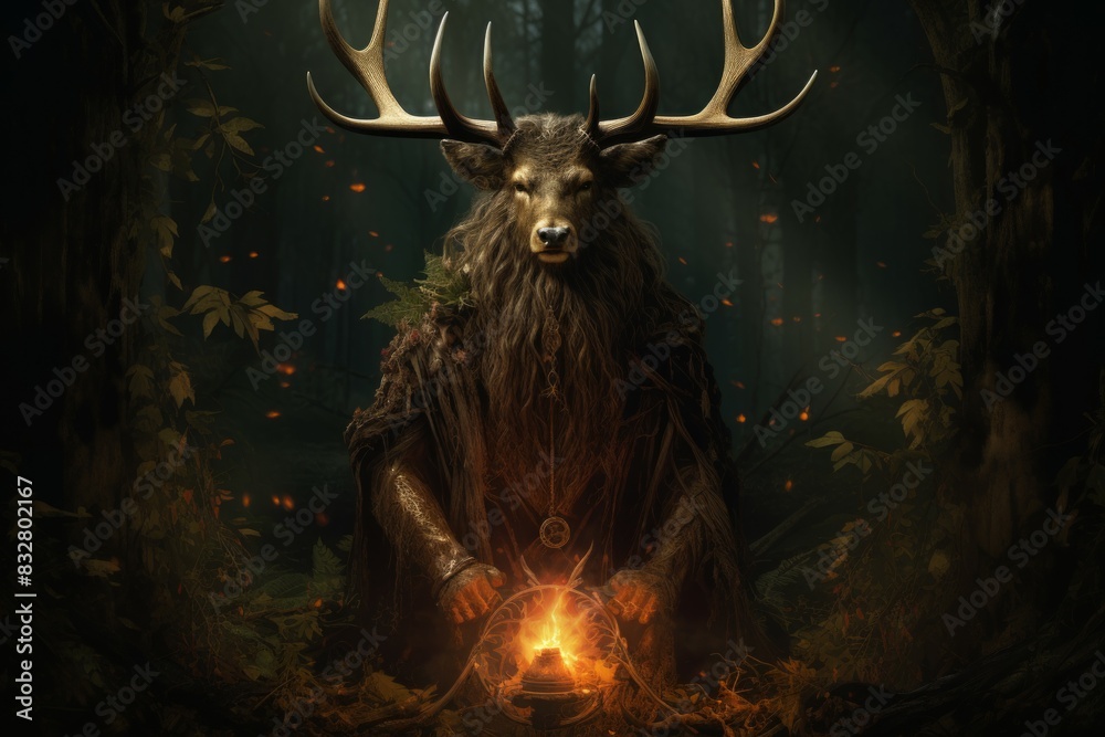 Wall mural a wise and ancient druid, attuned to nature and capable of transforming into beasts. - generative ai