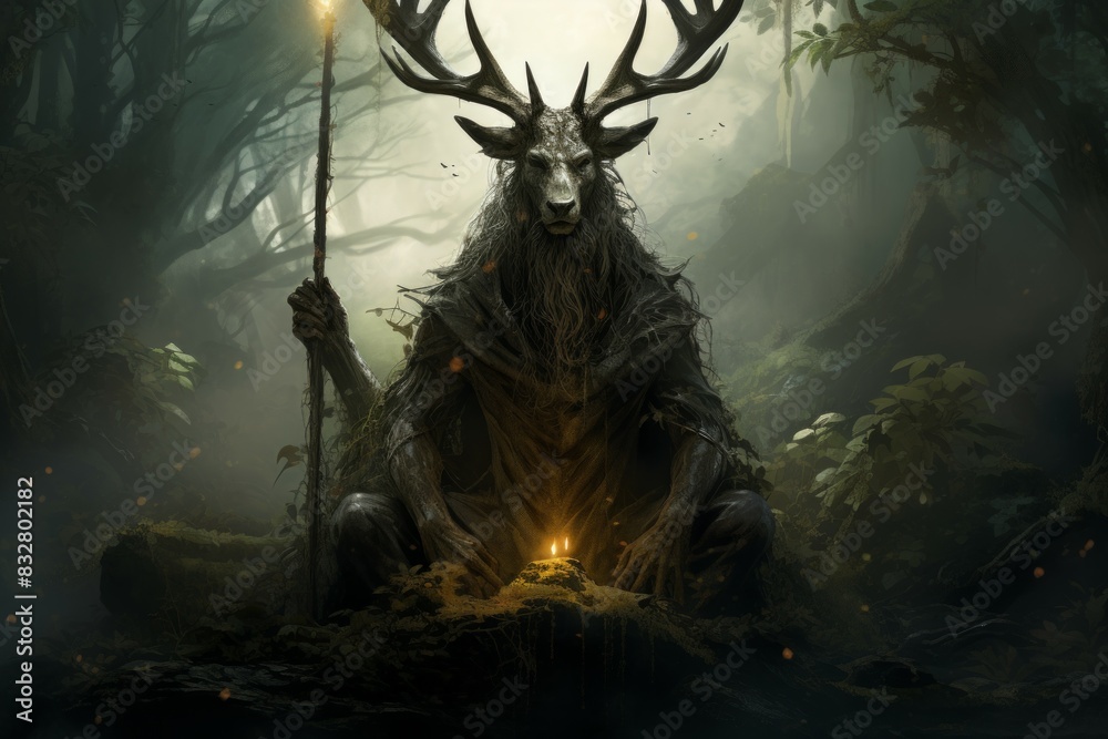 Wall mural a wise and ancient druid, attuned to nature and capable of transforming into beasts. - generative ai