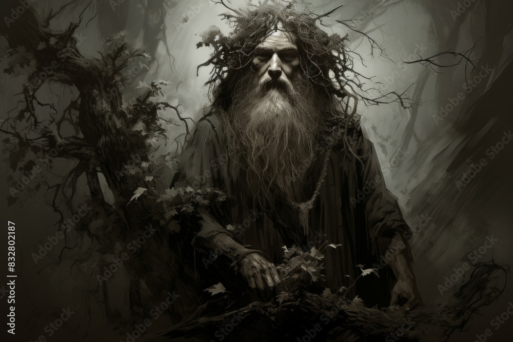 Wall mural a wise and ancient druid, attuned to nature and capable of transforming into beasts. - generative ai