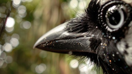   A bird with drops of water on its face is perched against a tree background