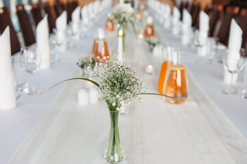 hotel restaurant, close-up photo, blurred background, catering, hotel, hotel food and kitchen, table with plates, wine and juice glasses, fruit drinks in a jug