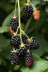 delicious and juicy blackberry fruits on a bush in the garden