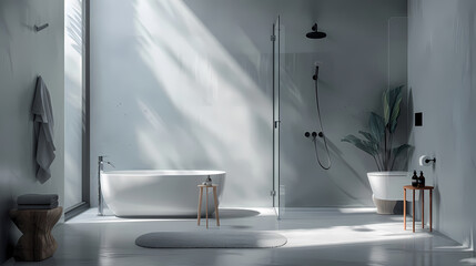 A bathroom with a large white bathtub and a shower
