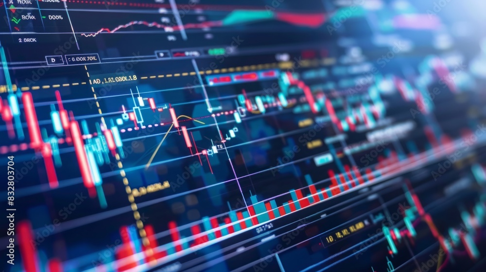 Poster a detailed view of a stock chart displayed on a computer screen, showing fluctuating values and tren