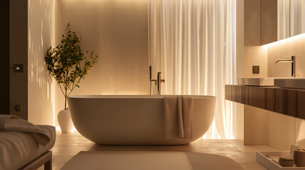 A bathroom with a white bathtub and a potted plant