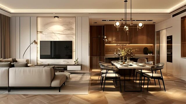 Modern Living Room And Dining Room With Television Set And Parquet Floor. seamless looping time-lapse virtual 4k video animation background