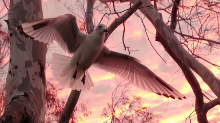   A white bird flies above a tree against a pastel pink and blue sky background - Powered by Adobe