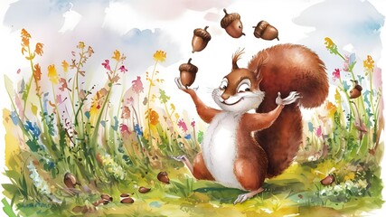 A watercolor painting of a squirrel juggling acorns in a field of wildflowers in a whimsical style