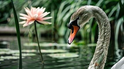 Fototapeta premium A close-up of a swan in water with lily pads and a pink flower