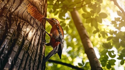   A bird perched near a tree's leafy side, bathed in sun rays filtering through the foliage - Powered by Adobe