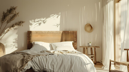 A bed with white sheets and pillows, and a lamp on a nightstand
