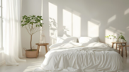 A bedroom with a white bed and a plant in a basket