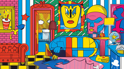 A vibrant Pop Art composition featuring bold colors, graphic patterns, and iconic imagery from popular culture